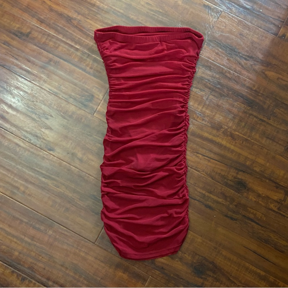 New Maroon Dark Red Semi Sheer Tube Top Bodycon Dress XS - Picture 4 of 4